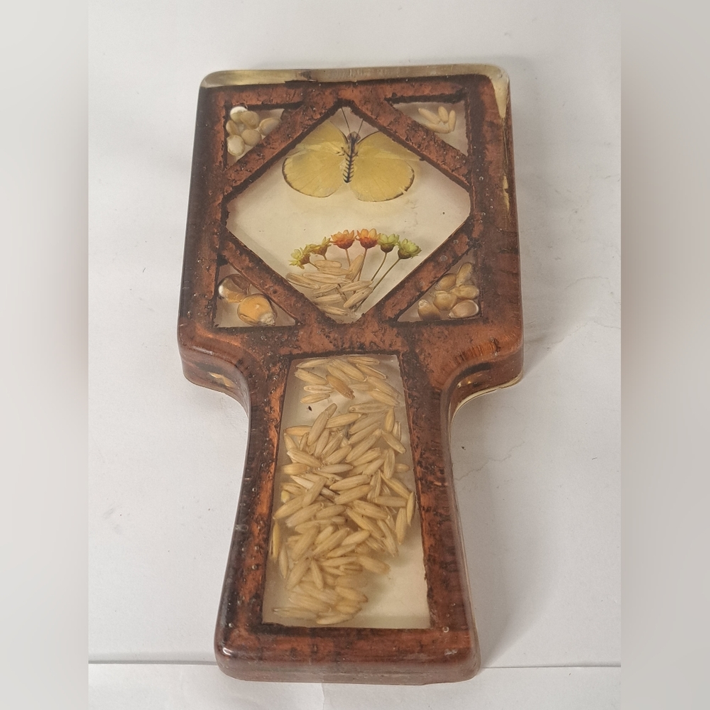 70s Lucite Butterfly & Grains Spoon Vintage Kitchen Decor Earthy